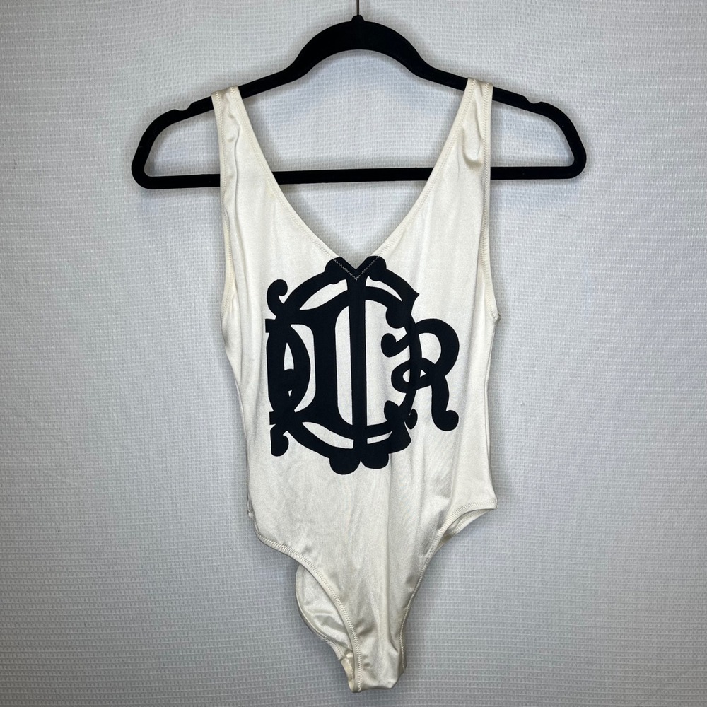 Christian Dior Vintage Logo One Piece Swimsuit Cream Black High Cut USA 34 Italy